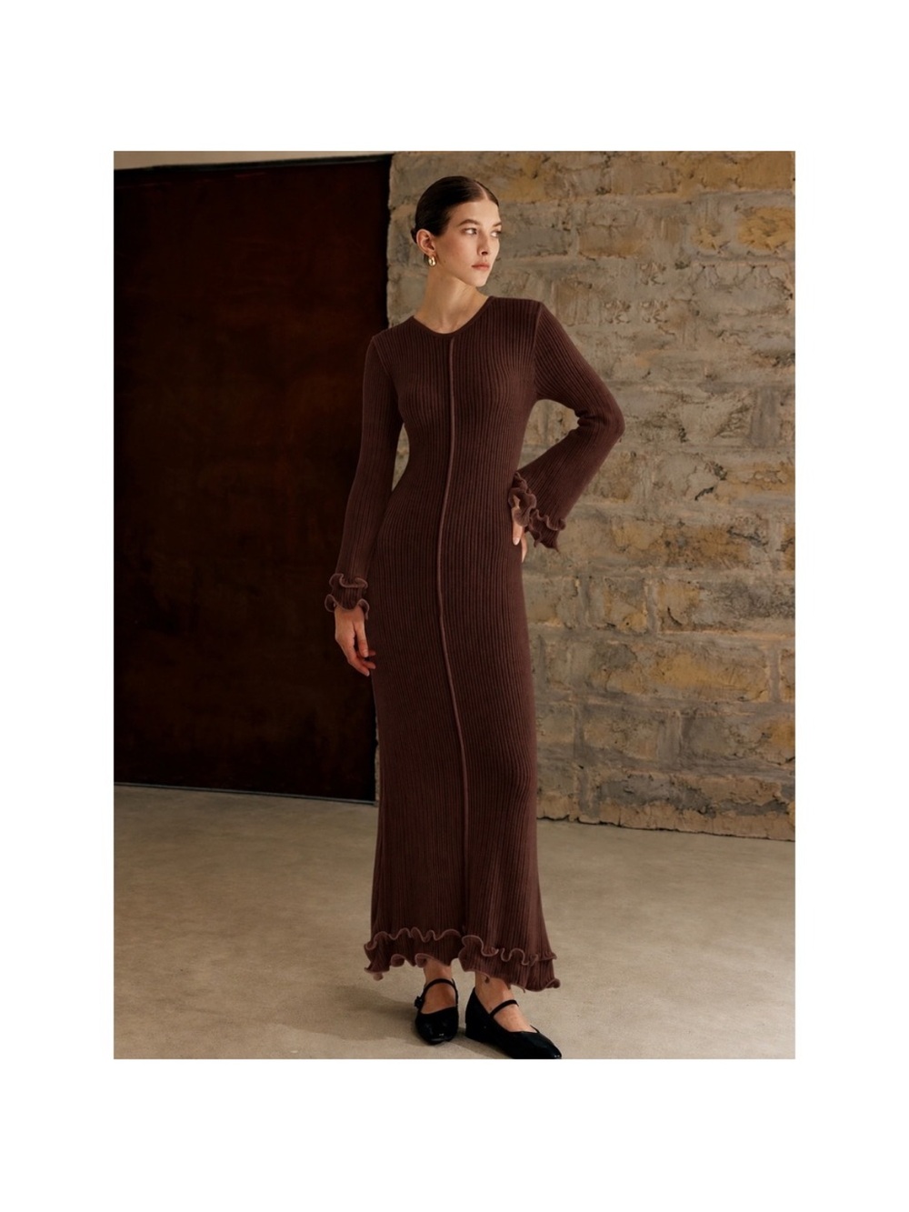 Commense Brown Ribbed Maxi Dress with Ruffle Cuffs - Picture 3 of 7